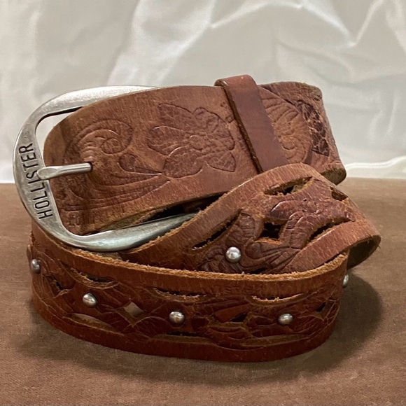 Hollister Studded Brown Leather Belt Silver Buckle LARGE - Picture 1 of 4